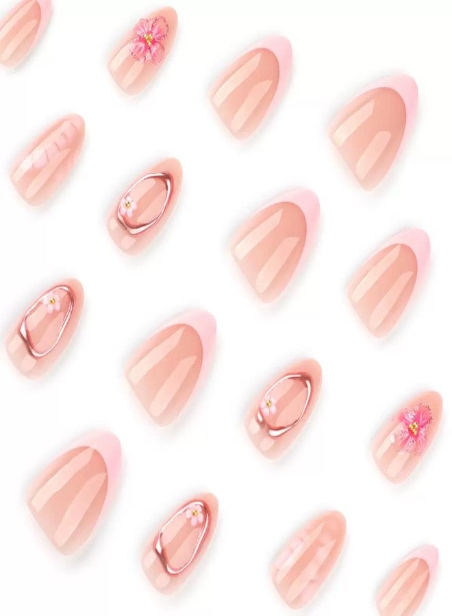 CTTHNBD Short Press on Nails Almond Fake Nails with 3D Flower Design Glue on Nails French Tip Gold Circle Glossy Full Cover Stick on Nails Elegant Acrylic Nails for Women 24 Pcs - Image 2